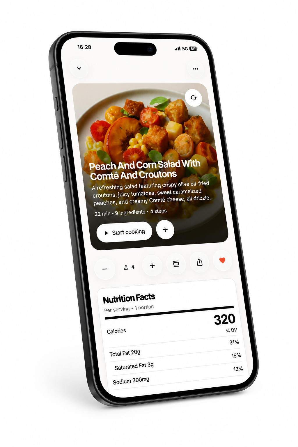 Flavi app recipe screen with nutrition facts, held in hand